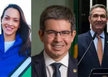Rayssa Furlan (Podemos), Randolfe (PT) e Lucas Barreto (PSD), candidatos ao Senado pelo estado do Amapá  • Reprodução/ CNN