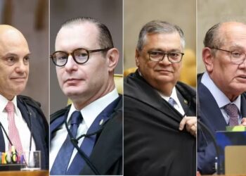Os ministros Alexandre de Moraes, Cristiano Zanin, Flávio Dino e Gilmar Mendes — Foto: Victor Piemonte/STF
