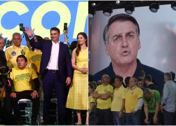 Flávio Bolsonaro discursa; vídeo de Bolsonaro feito de IA é exibido — Foto: Reuters; Reprodução/YouTube