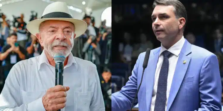 O presidente Luiz Inácio Lula da Silva (PT), à esquerda; o senador Flávio Bolsonaro (PL), à direita  • Ricardo Stuckert/PR/Carlos Moura/Agência Senado