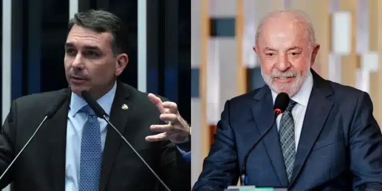 O senador Flávio Bolsonaro (PL), à esquerda; o presidente Luiz Inácio Lula da Silva (PT), à direita  • Ricardo Stuckert/PR e Agência Senado