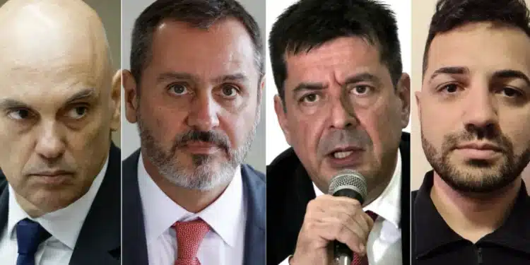 O ministro Alexandre de Moraes (esq.), suspeito de ter mantido uma relação ilegal com Daniel Vorcaro, recebeu no Supremo Andrei Rodrigues (diretor-geral da PF), Leandro Almada (diretor de Inteligência) e o agente Denis de Carli . FOTO: Sérgio Lima/Poder360, Agencia Brasil e reprodução/ LinkedIn Denis de Carli