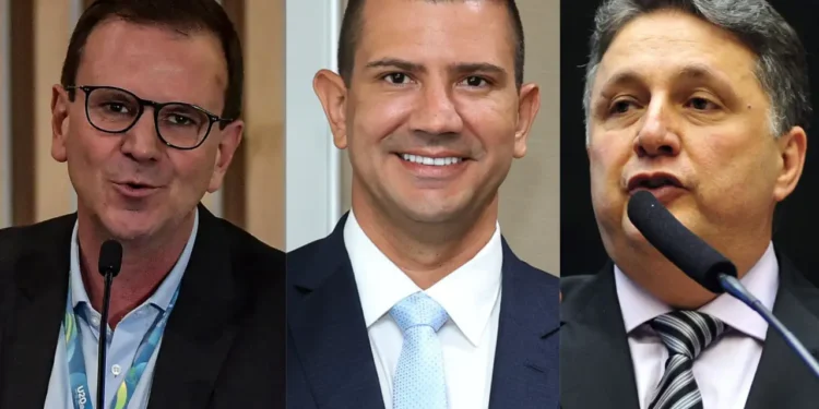 Eduardo Paes (PSD), Douglas Ruas (PL) e Anthony Garotinho (Republicanos) (Thiago Ribeiro/Beto Barata/Vinicius Loures/Câmara dos Deputados/Getty Images)