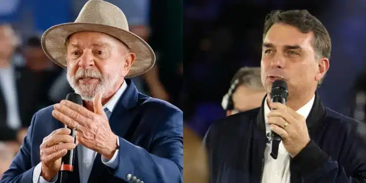 O presidente Luiz Inácio Lula da Silva (PT) e o senador Flávio Bolsonaro (PL-RJ) • Ricardo Stuckert/PR / Estadão Conteúdo