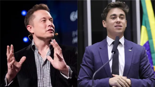O empresário Elon Musk e o deputado federal Nikolas Ferreira (PL-MG) • Reprodução e Mário Agra/Câmara dos Deputados